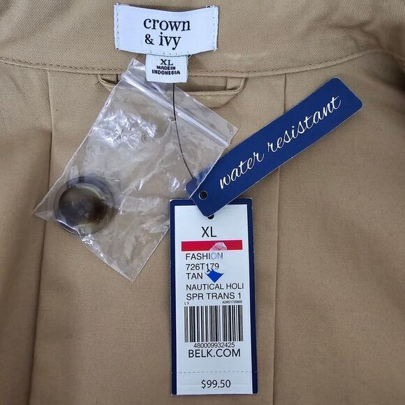 Crown & Ivy Short Trench Coat Double Breasted Striped Sleeves Water Resistant - Picture 11 of 13